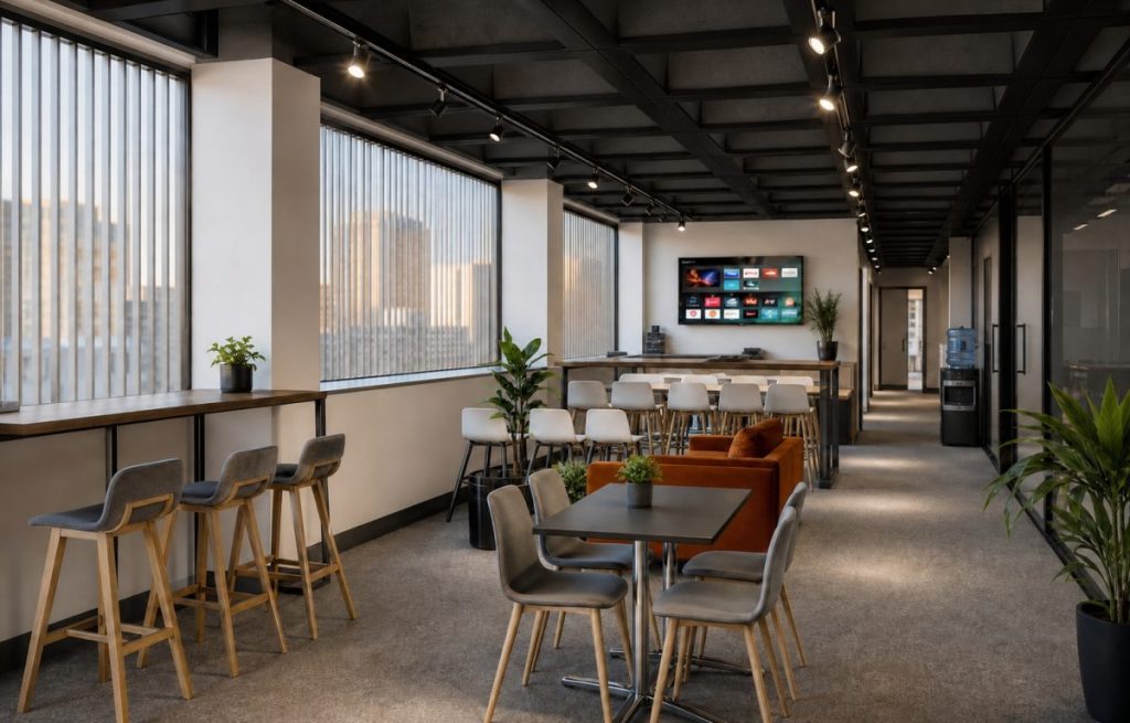 Centro de negocios con oficinas privadas, coworking y servicios para empresas.